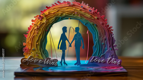 Love Wins Popup Card: Design a popup card featuring two figures holding hands under a rainbow arch, with the words