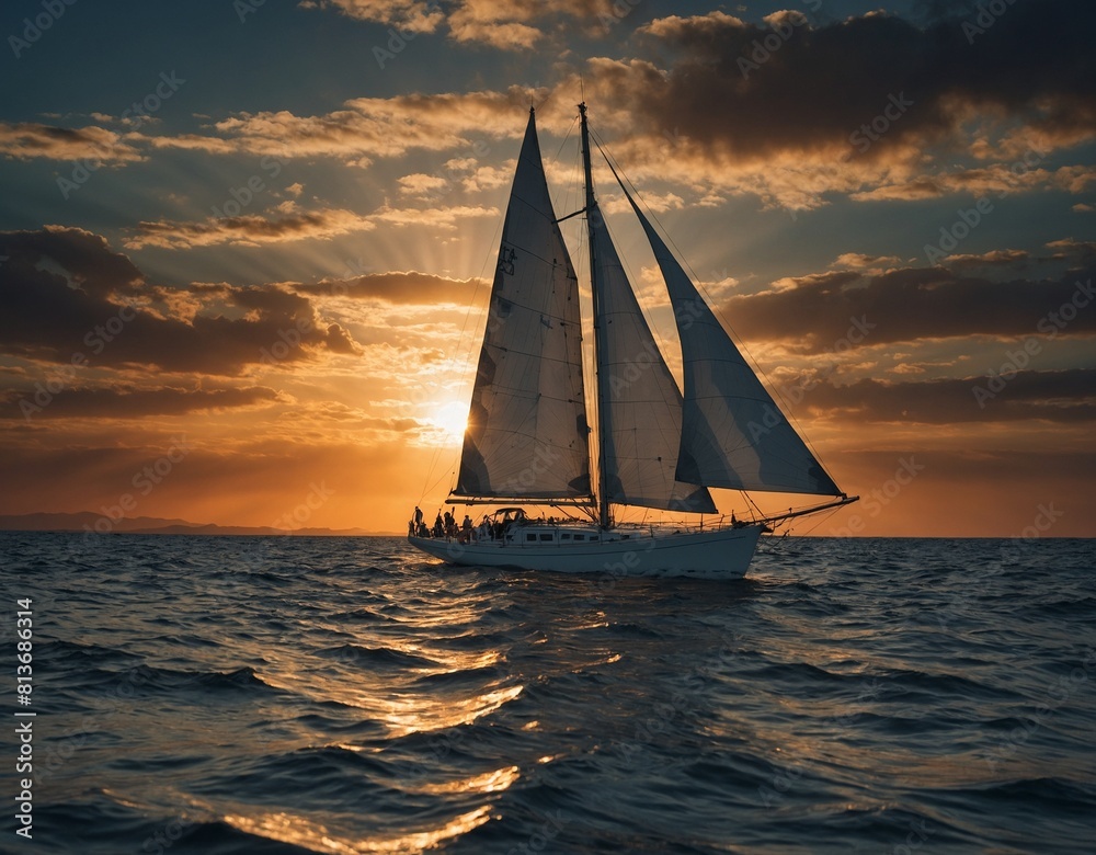 A lone sailboat gliding across calm waters, with billowing sails against a backdrop of a fiery sunse