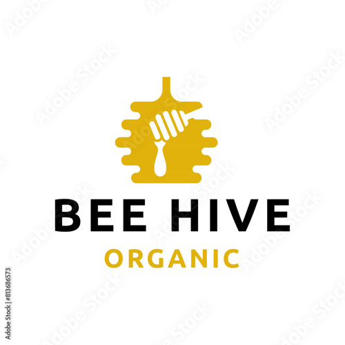 Bee hive and honey logo flat vector designBee hive and honey logo flat vector design