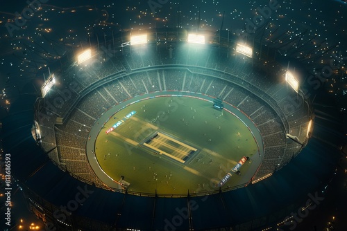 Cricket stadium Night view, Drone Shot View, Sunlight View © MADNI