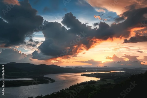 sunset in mountains with clouds and river