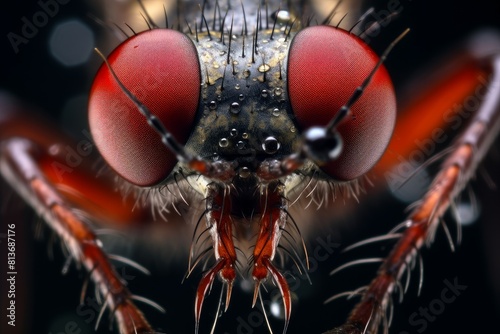 Detailed close-up macro photography of housefly compound eyes and antennae in extreme magnification © juliars