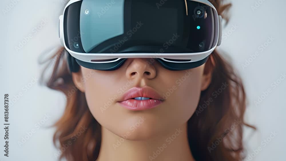 This woman immersed in virtual reality experience with a headset on. This woman immersed in virtual reality experience with a headset on.