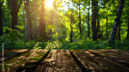 Beautiful blurred background of natural summer green forest with sunlight and a wooden table