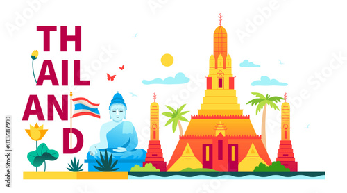 Upon arrival in Thailand - modern colored vector illustration with Sunrise Temple Wat Arun, Big Buddha statue in Phuket, national striped flag, tropical nature - palm trees, lotus and summer weather