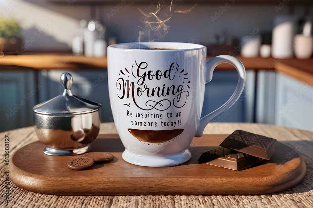 Obraz premium Inspiring Coffee Cup with Sweet Treats on Wooden Board