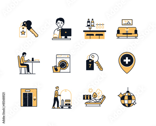 Routine and rest in the hotel - line design style icons set with editable stroke. Keys to a luxury room, bar, head waiter, elevator, disco ball, washing machine, table for one, receptionist