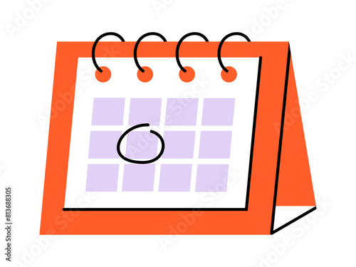 Hand drawn cute illustration of calendar with circled date. Flat vector timetable or schedule page in colored doodle style. Planning or time management icon. Event deadline. Isolated on white.