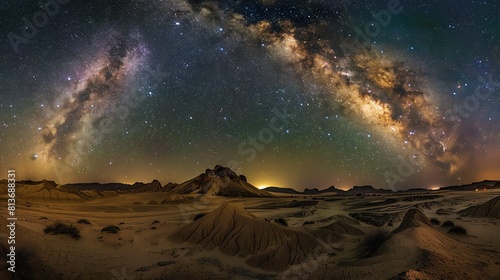 Amazing beautiful landscape with a starry sky and sand dunes in the desert at night. photo