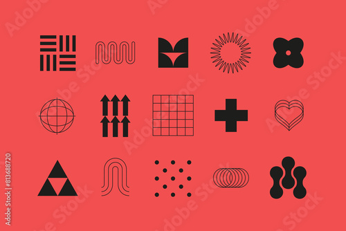 Simple decorative symbols - flat design style icons set. High quality black images of square, lines, triangles, sun, flower, arrow, heart, point, wave and repeating objects. Isolated abstract shapes