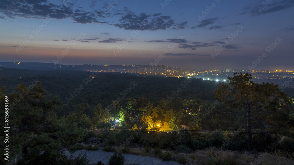 Fototapeta premium A bird's eye view before sunrise over Turkey night to day timelapse. Turkey.