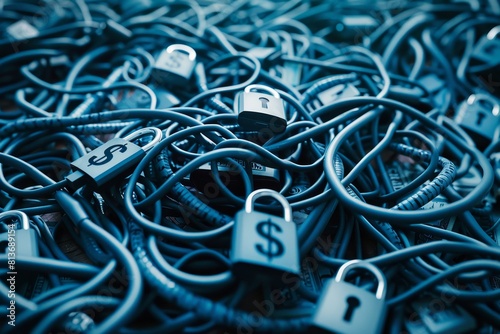 Phone scam complexity tangled cords with dollar signs and padlocks symbolize confusion
