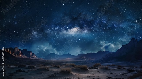 The milky way stretches across the sky above a vast desert landscape.