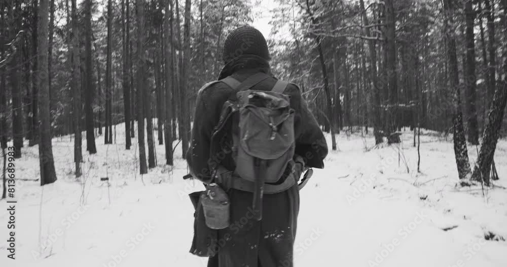 Close-up View On Re-enactor Dressed As American Infantry Soldier Run Through Forest Road Winter Day. Usa Soldier Marching By Country Road. Usa Army Soldiers Of World War Ii. Following For Man Of War. Close-up View On Re-enactor Dressed As American Infantry Soldier Run Through Forest Road Winter Day. Usa Soldier Marching By Country Road. Usa Army Soldiers Of World War Ii. Following For Man Of War.