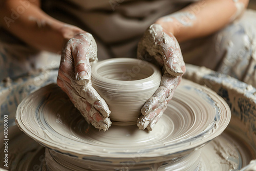 Close up of hands forming white raw clay into mug pottery