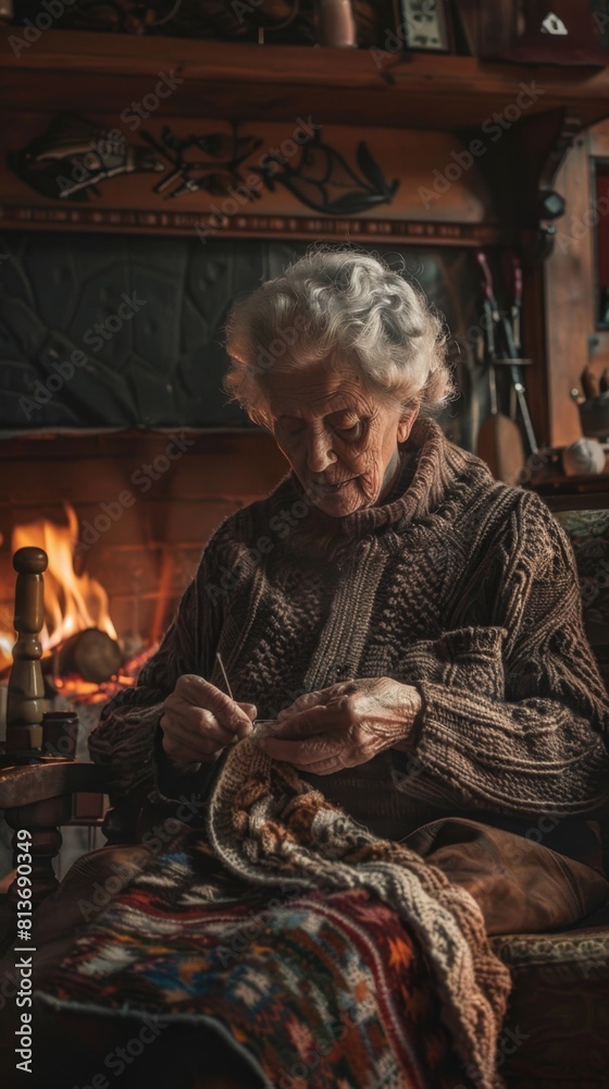 An old woman sitting in front of a fire with a blanket. Vertical background An old woman sitting in front of a fire with a blanket. Vertical background