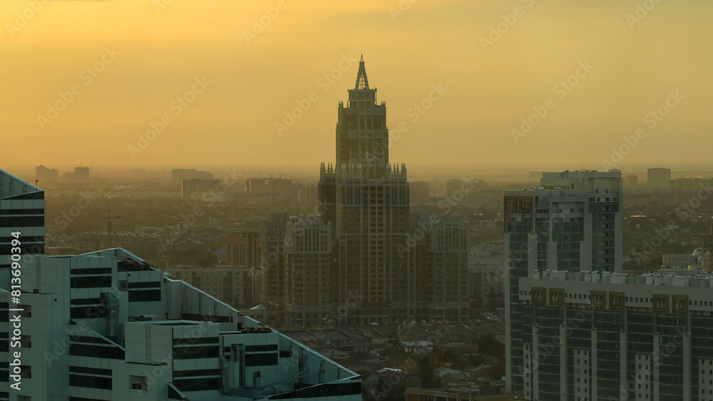 Obraz premium Triumph of Astana building timelapse at sunset time from the top of Baiterek tower. Astana, Kazakhstan