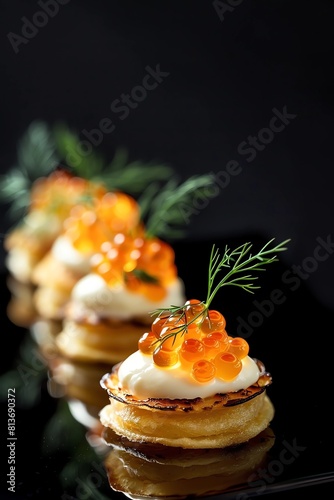 Blinis with red caviar on a plate on black background