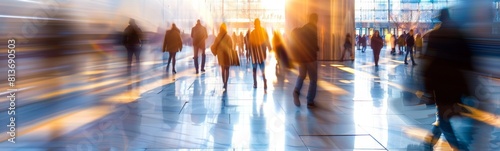 Blurred image of people walking in a lobby with sunlight shining through. Banner