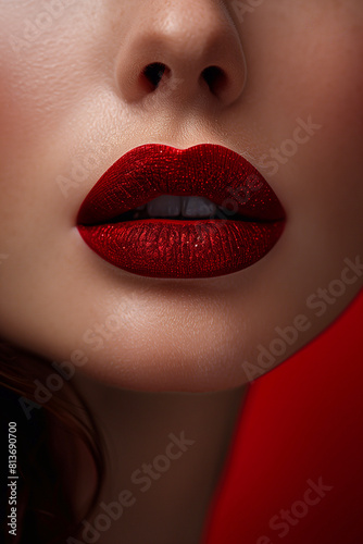 close up of female lips with burgundy lipstick. beautiful perfect makeup. macro.