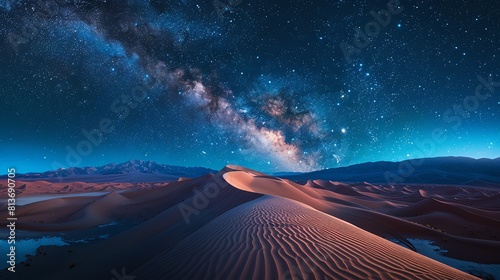 Amazing view of the night sky full of stars and a huge sand dune in the desert with mountains in the background. photo