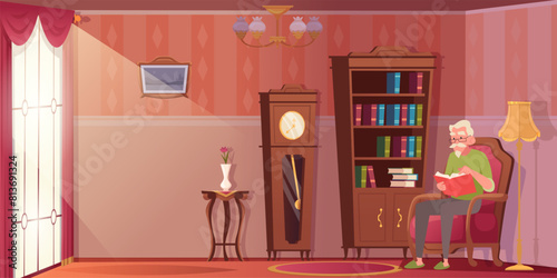 Old people home. Hobbies of elderly male and female characters exact vector pensioner indoor interior