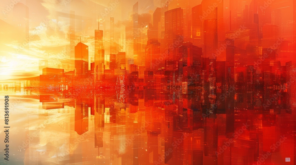 A cityscape with a red background and orange buildings A cityscape with a red background and orange buildings