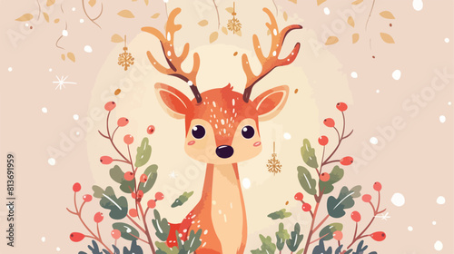 Christmas postcard with cute deer and mistletoe branches