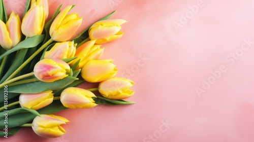 Mother s Day  Spring  Easter  Valentine s Day or other holiday - Pink tulip bouquet on yellow table texture background  top view