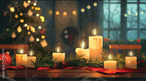 Christmas table setting with burning candles and fire