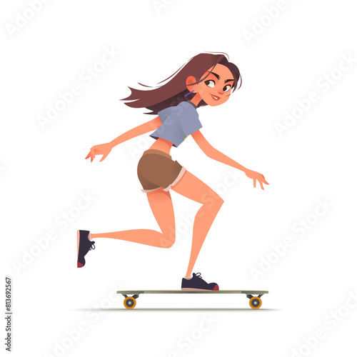 Teenage girl riding longboard. Smiling woman wears t-shirt shorts and sneakers. Skateboarding culture. Healthy active lifestyle. Extreme sports. Isolated background. Cartoon vector illustration