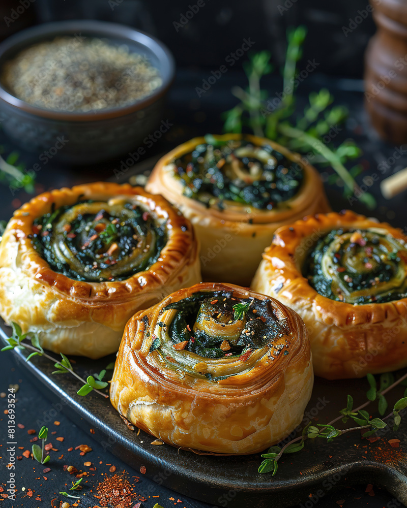 Baked spinach pinwheel puff pastries flat lay Baked spinach pinwheel puff pastries flat lay