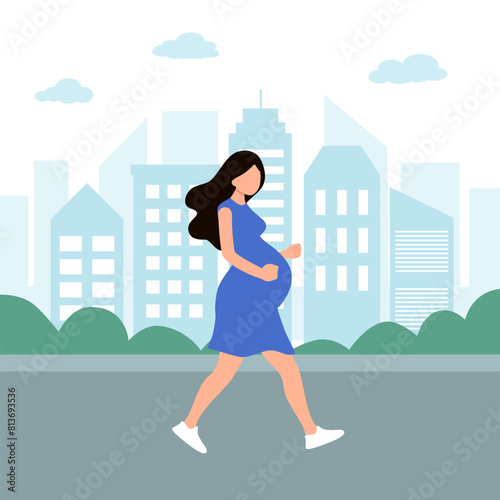 Pregnant woman walking for relaxation exercise. Happy pregnancy.