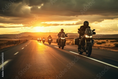 Group of motorcyclists traveling on a highway at golden hour with scenic landscape