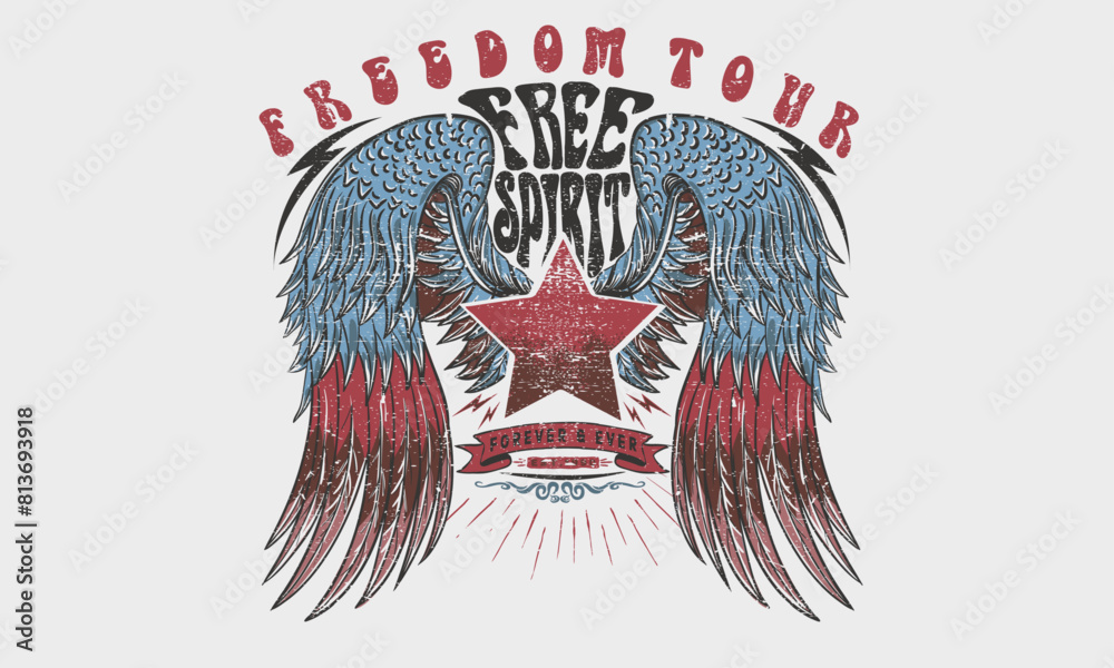 Eagle wing vector t-shirt design. Freedom music tour. Free spirit vintage artwork. America eagle rock and roll poster design. Music festival artwork. Eagle wing vector t-shirt design. Freedom music tour. Free spirit vintage artwork. America eagle rock and roll poster design. Music festival artwork.