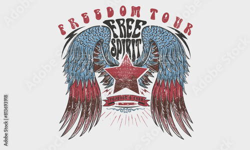 Eagle wing vector t-shirt design. Freedom music tour. Free spirit vintage artwork. America eagle rock and roll poster design. Music festival artwork. © riaz