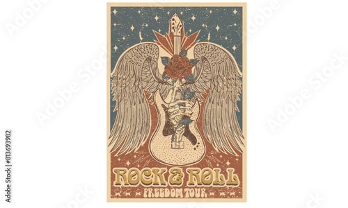 skeletons hand with rose. Wild and free.  Eagle wing vector t-shirt design. Freedom music tour. Free spirit vintage artwork. America eagle rock and roll poster design. Guitar vector.
