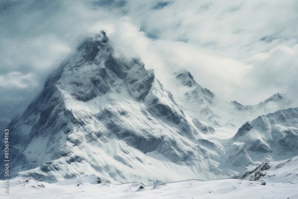 The awe-inspiring landscape of a majestic snow-covered mountain peak in the winter alpine wilderness. With a serene and tranquil atmosphere under a cloudy sky