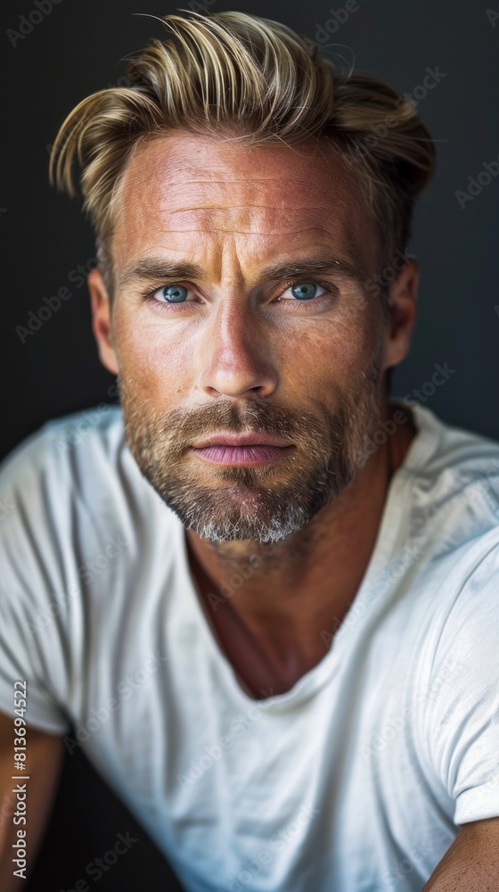 Handsome confident blond man, staring serious and cool at camera, wearing white t-shirt, white background Handsome confident blond man, staring serious and cool at camera, wearing white t-shirt, white background