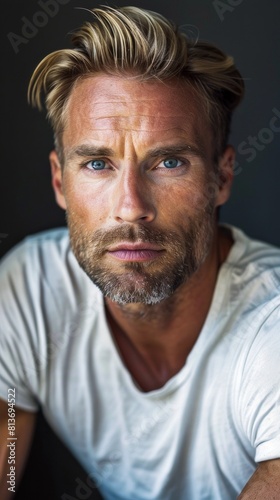 Handsome confident blond man, staring serious and cool at camera, wearing white t-shirt, white background