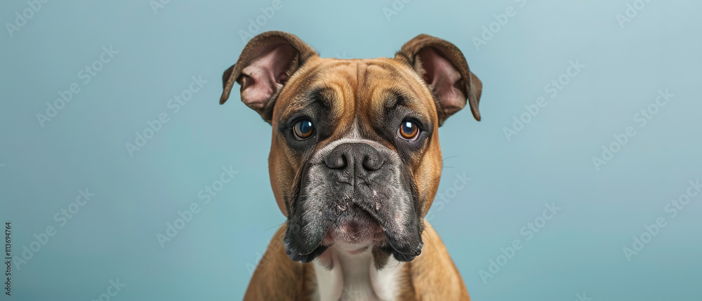 A cute bulldog looking at the camera, on a solid light blue background, with empty copy space