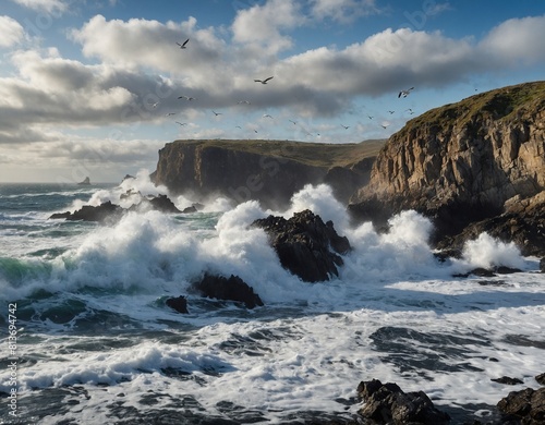 A rocky shore battered by crashing waves, with foamy spray filling the air and seabirds wheeling overhead.