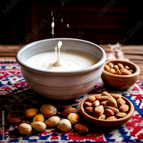 fresh sower milk in ceramic bowl and nuts on old traditional ethno rug,generate ai