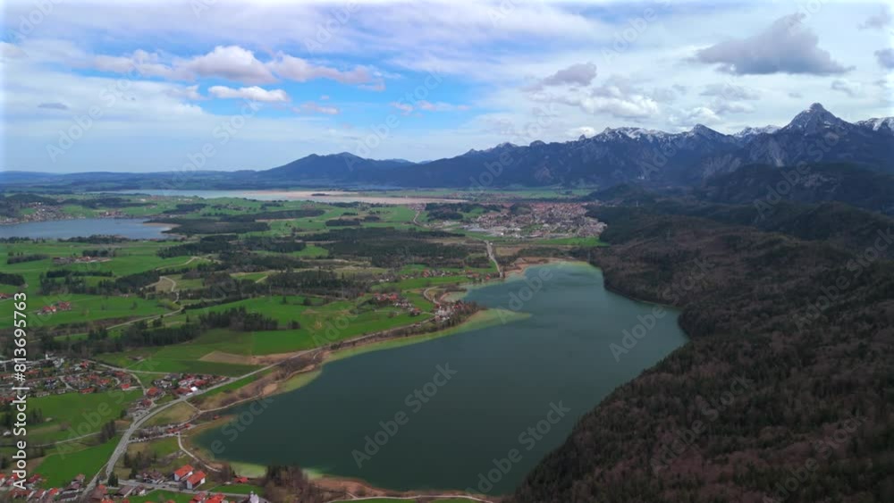 Aerial view of three large lakes Weissensee, Hopfensee, Forggensee in Bavaria region, Germany near town of Fuessen. Luftaufnahme Weissensee, Hopfensee, Forggensee in Bayern, Deutschland in Fussen. Aerial view of three large lakes Weissensee, Hopfensee, Forggensee in Bavaria region, Germany near town of Fuessen. Luftaufnahme Weissensee, Hopfensee, Forggensee in Bayern, Deutschland in Fussen.
