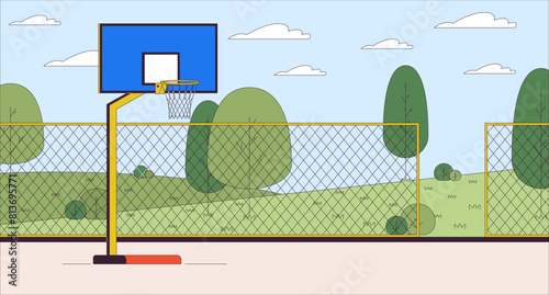 Basketball court cartoon flat illustration. Team ball game. Urban sportsground with equipment 2D line landscape colorful background. City park with sports field scene vector storytelling image