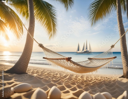 Hammock between two palm trees on the beach. Travel background  © kramynina