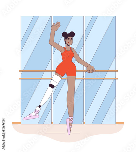 Disabled ballerina line cartoon flat illustration. African american woman with leg prosthesis dancing 2D lineart character isolated on white background. Disability dancer scene vector color image