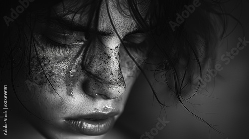 Person expressing sadness face blurred soft white background extensive area reserved for text