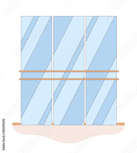 Dance studio with mirrors line cartoon flat illustration. Room with bars near reflecting wall 2D lineart objects isolated on white background. Ballet class interior scene vector color image