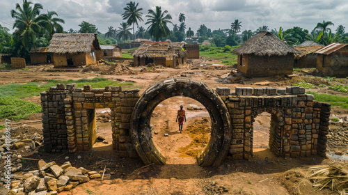 Ancient Arch Ruins in a Rustic African Village with Local Walking Through